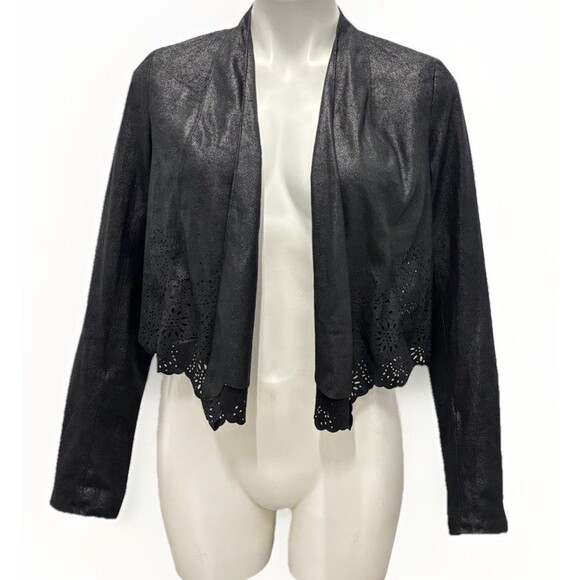 INC Black Suede Cropped Bolero Jacket Open Front Sz S Laser Cut Design - Picture 1 of 6